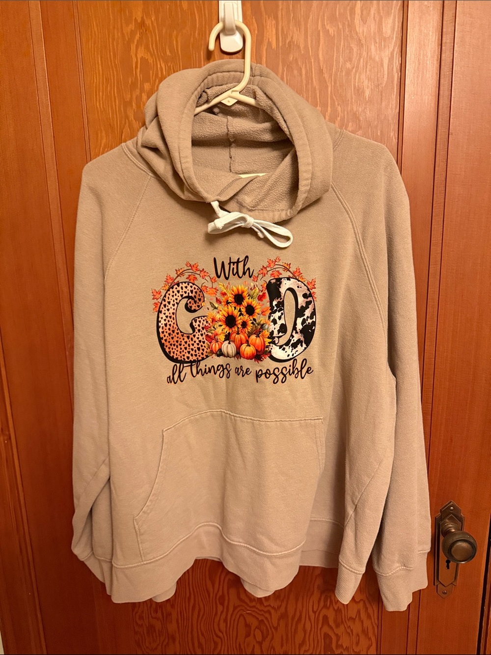 SO Beige Graphic Hoodie Sweater with Floral and Pumpkin Design